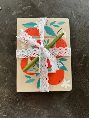 Orange Motif Hardcover Notebook Set with Olive Green Gel Ink Pen